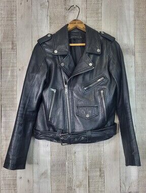 Zara Black Leather Sheepskin Jacket with Belt. Size Small